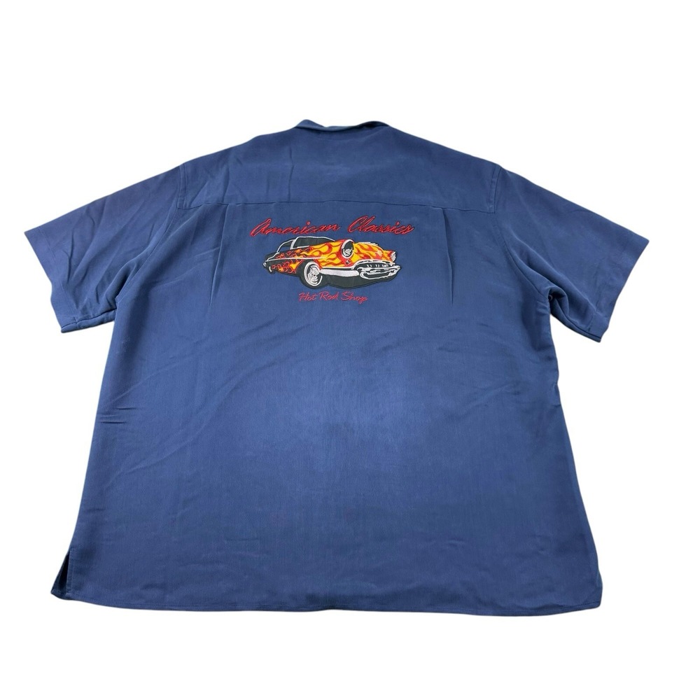 Cubavera Hot Rod Shop Blue Embroidered Auto Mens S/S Rayon Shirt Size XL